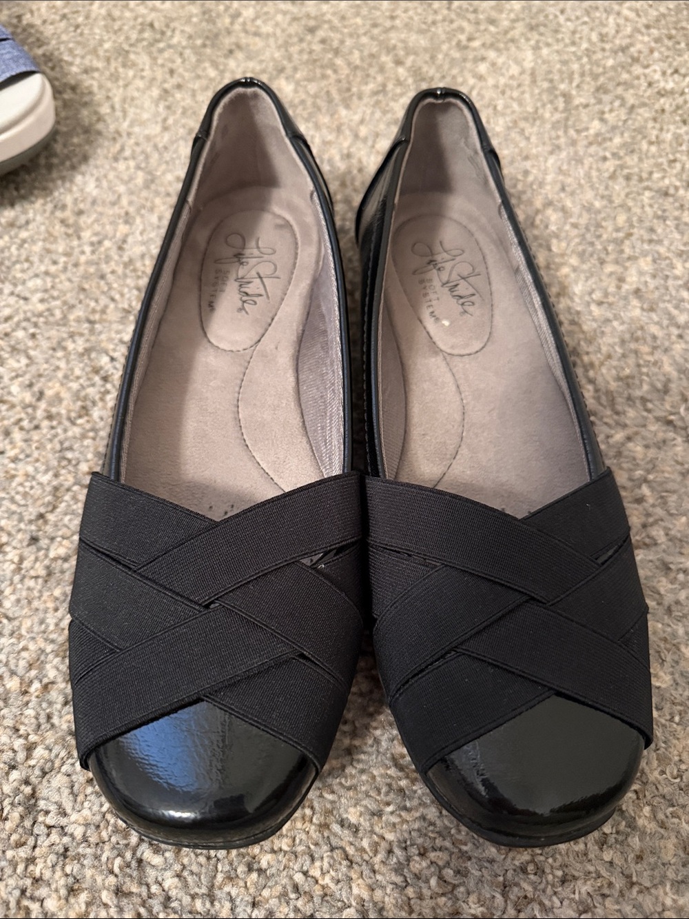 Life Stride Black Crisscross Ballet Flats with Patent Toe